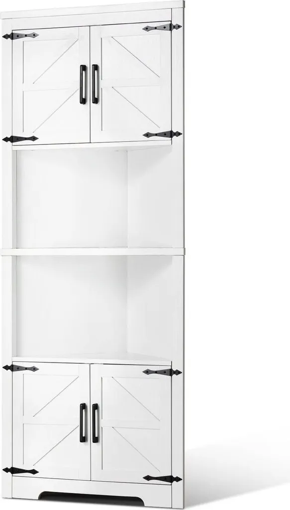 Armoire d'angle 4 portes bois, étagères réglables, blanc pur, 68 pouces