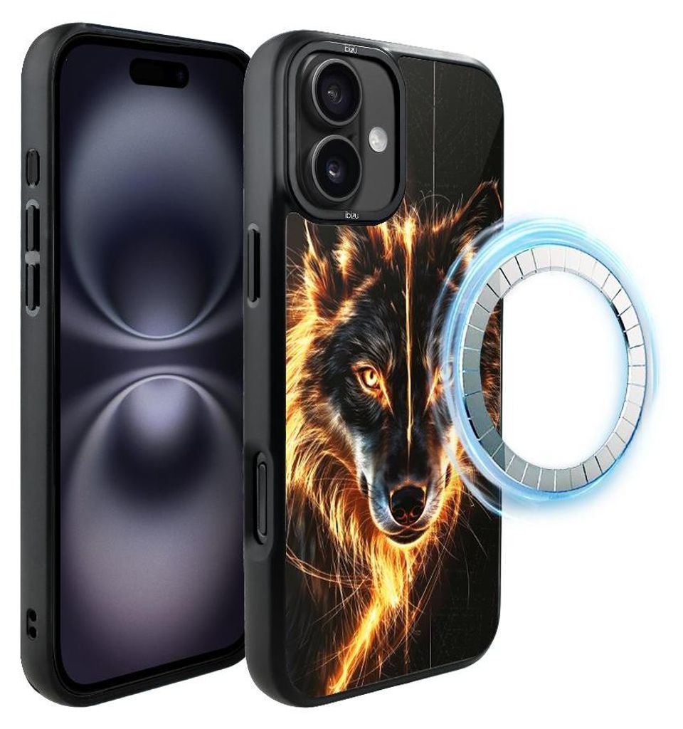 Schutzhülle für das iPhone 16, MagSafe-kompatibel, mattschwarze Seiten, Wolf, Feuer