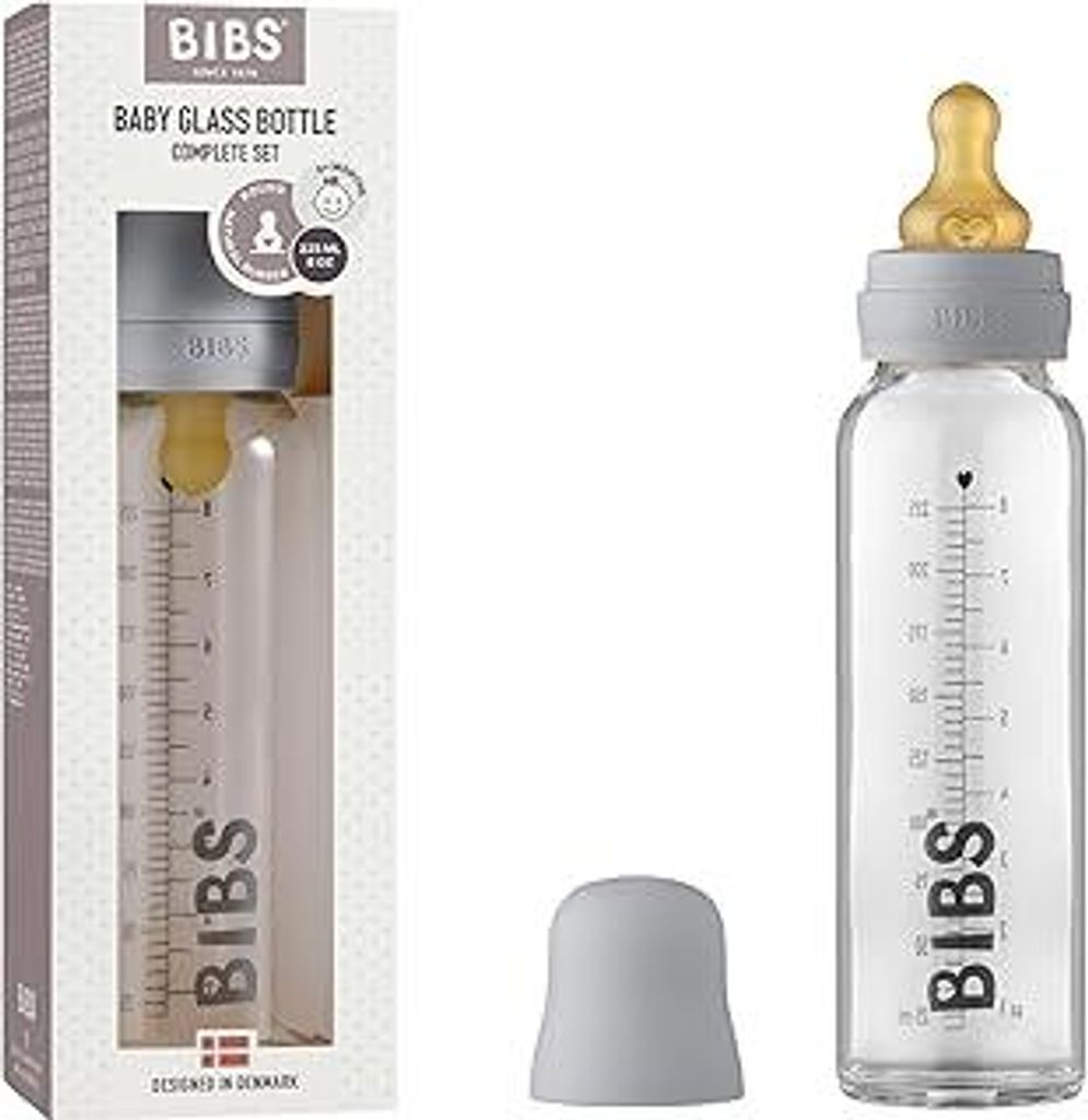 BIBS Baby Glass Bottle 225ml, Vermindert Koliken, Runder Sauger aus Naturkautschuklatex, Unterstützt das Stillen. Complete Set - 225 ml, Cloud
