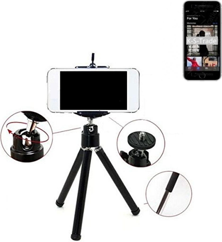 K-S-Trade Smartphone Stativ Dreibein kompatibel mit Apple iPhone SE (2020) Tripod aus Aluminium Klemmstativ Stativ Adapter für Mobiltelefone schwarz