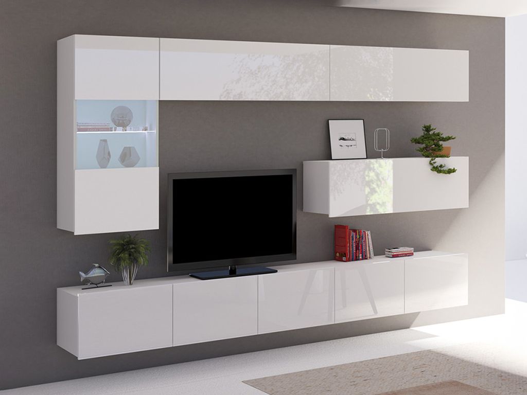 Wohnwand CALABRINI-4 Wohnzimmer-Set Hängewohnwand Schrankwand mit LED-Beleuchtung TV-Schrank Vitrine Moderne Anbauwand Hochglanz (Weiß)