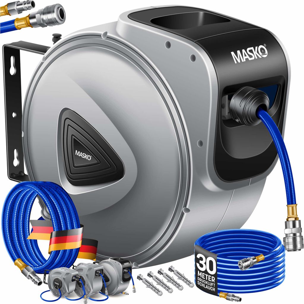 MASKO Automatik Druckluftschlauch Aufroller – Schlauchtrommel mit 1/4" Anschluss, Schlauchaufroller, Wandhalterung, Tragegriff, 180° schwenkba...