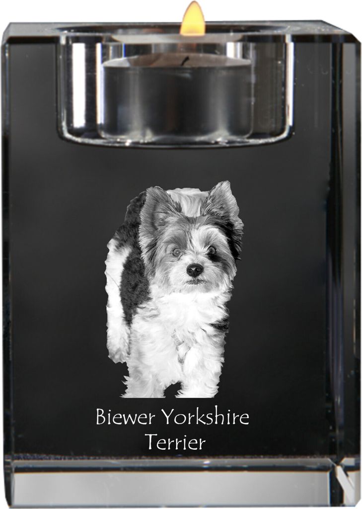 Biewer Terrier, Biewer Yorkshire Terrier - Kerzenhalter mit Hundefoto, Teelichthalter aus Kristall, personalisiertes Geschenk der Marke Art-Dog