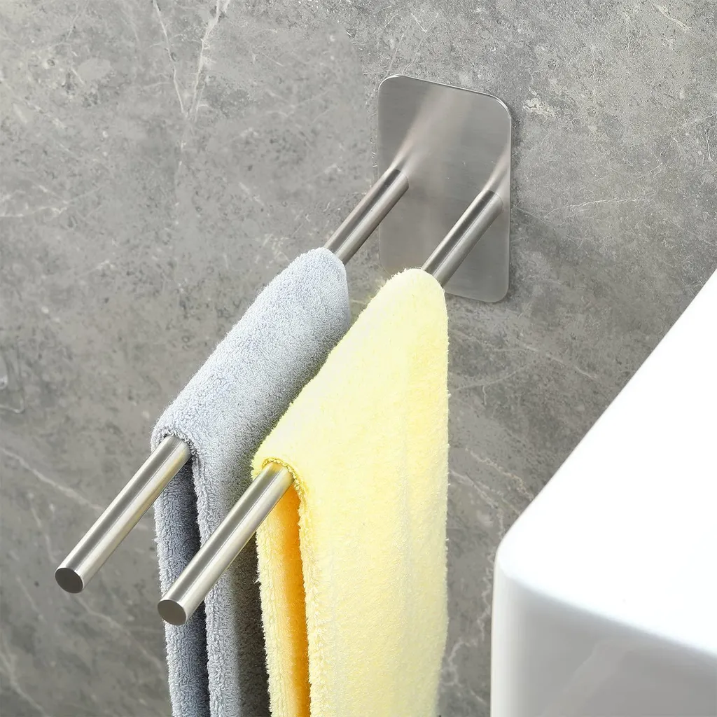 Porte-serviettes double 40 cm en acier brossé sans perçage pour salle de bain