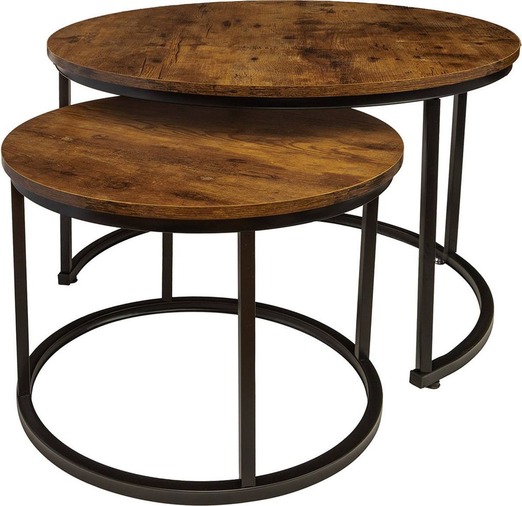 Two round nesting tables with wood-look tops and black metal frames are shown against a white background.