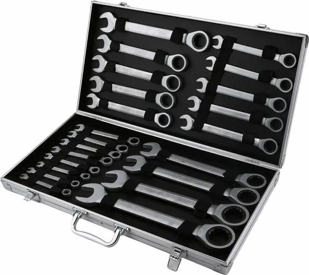 Ratschen-Ring-Maulschlüssel - Schlüsselsatz - 22-teilig - 6–32 mm - Ring/Maul - Mit Aufbewahrungskoffer - Silber