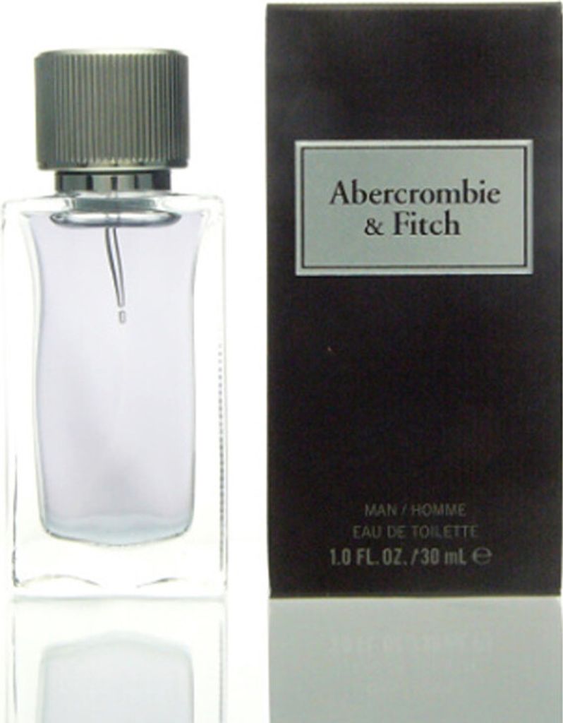 A bottle of Abercrombie & Fitch First Instinct Eau de Toilette for Men and its packaging are displayed against a white background.