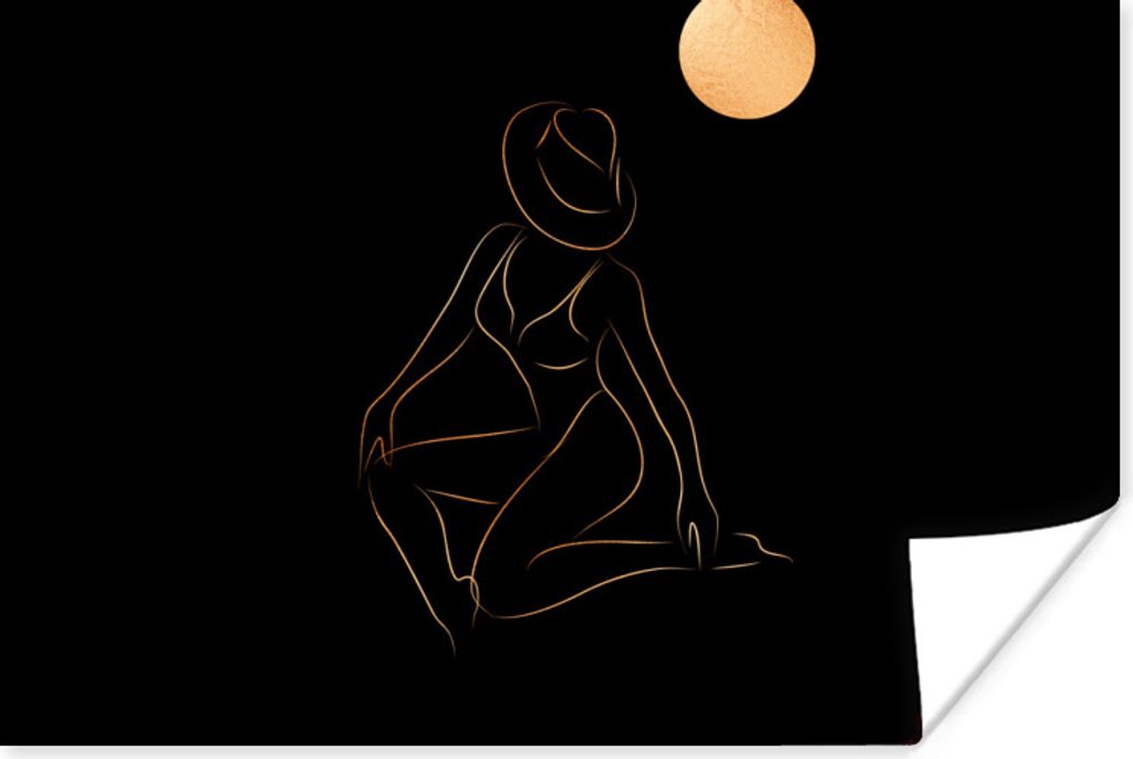 MuchoWow Poster Frau - Hut - Mond - Strichzeichnung 60x40 cm - Schlafzimmerdekoration