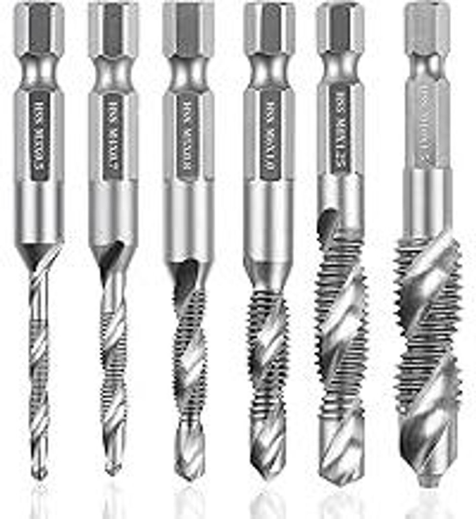 6-teiliges Gewindeschneider Set, M3 M4 M5 M6 M8 M10, HSS Spiralbohrer Set, Kombi-Bohrer und Gewindebohrer Set mit Sechskantschaf für Zubehör Bohr...
