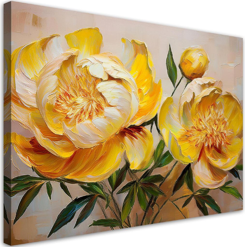 Leinwandbild Gelbe Pfingstrose Gemalte Blumen 100x70 Feeby Gelb bild für die wand bereit zum aufhängen