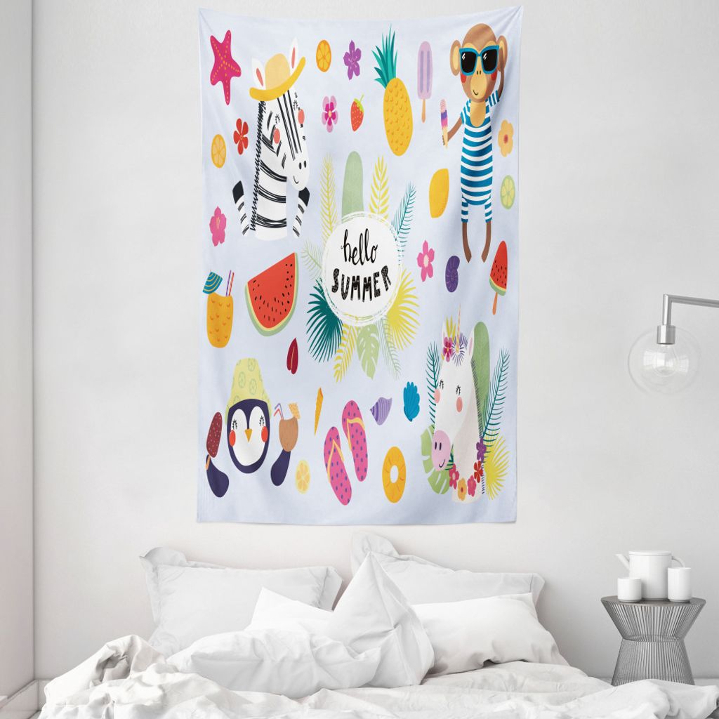 ABAKUHAUS Sommer Wandteppich und Tagesdecke, Urlaub Affe Zebra Sunny aus Weiches Mikrofaser Stoff Waschbar ohne Verblassen Digitaldruck, 140 x 230 ...