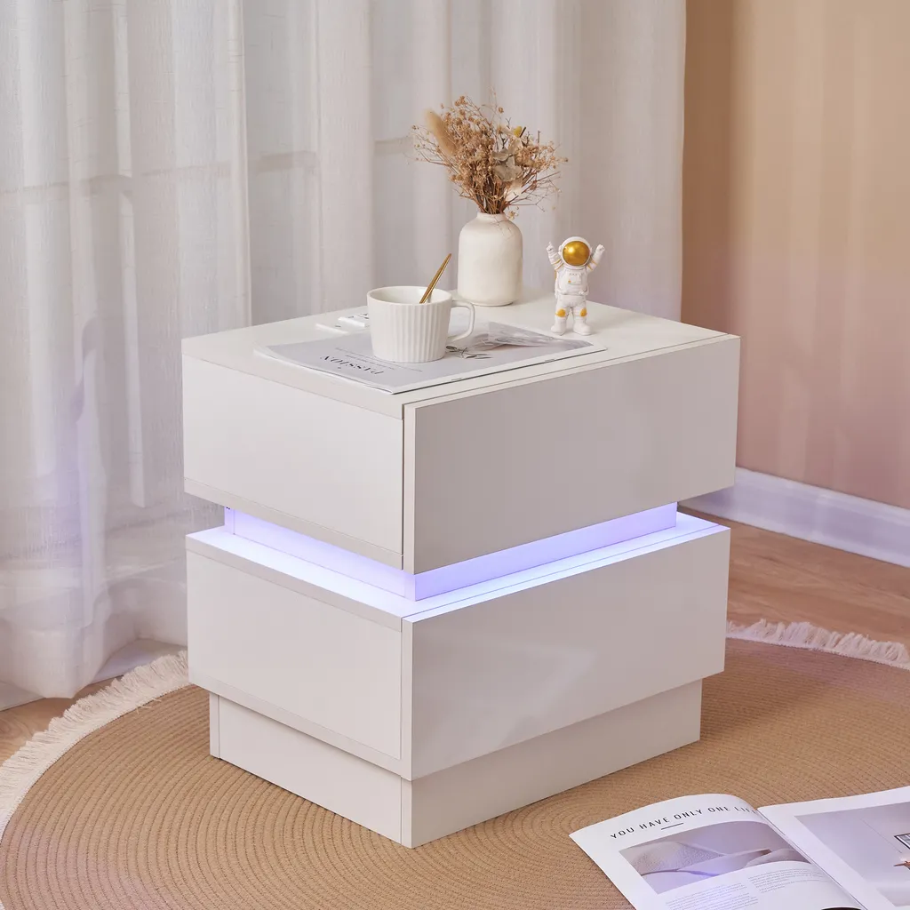 Table de chevet LED blanc 2 tiroirs avec prises de courant série LUNA 46cm