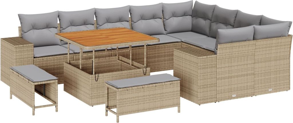 Möbel-Stil 12-teilige Garten Sofa Set mit Kissen Beige Poly Rattan Akazie, 3-teilige Garten Essgruppe mit Kissen Beige Poly Rattan Akazie - Garten...