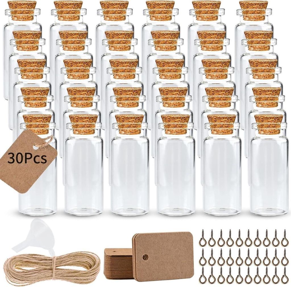 30 Stück Mini Glasflaschen mit Korken 10ml - Hochzeitsdeko Produktbild 