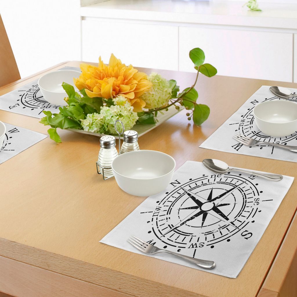 ABAKUHAUS Kompass Platzmatten, Monochrome Windrose mit vereinfachter Design-Richtung Navigation Primitive, Tiscjdeco aus Farbfesten Stoff für das ...
