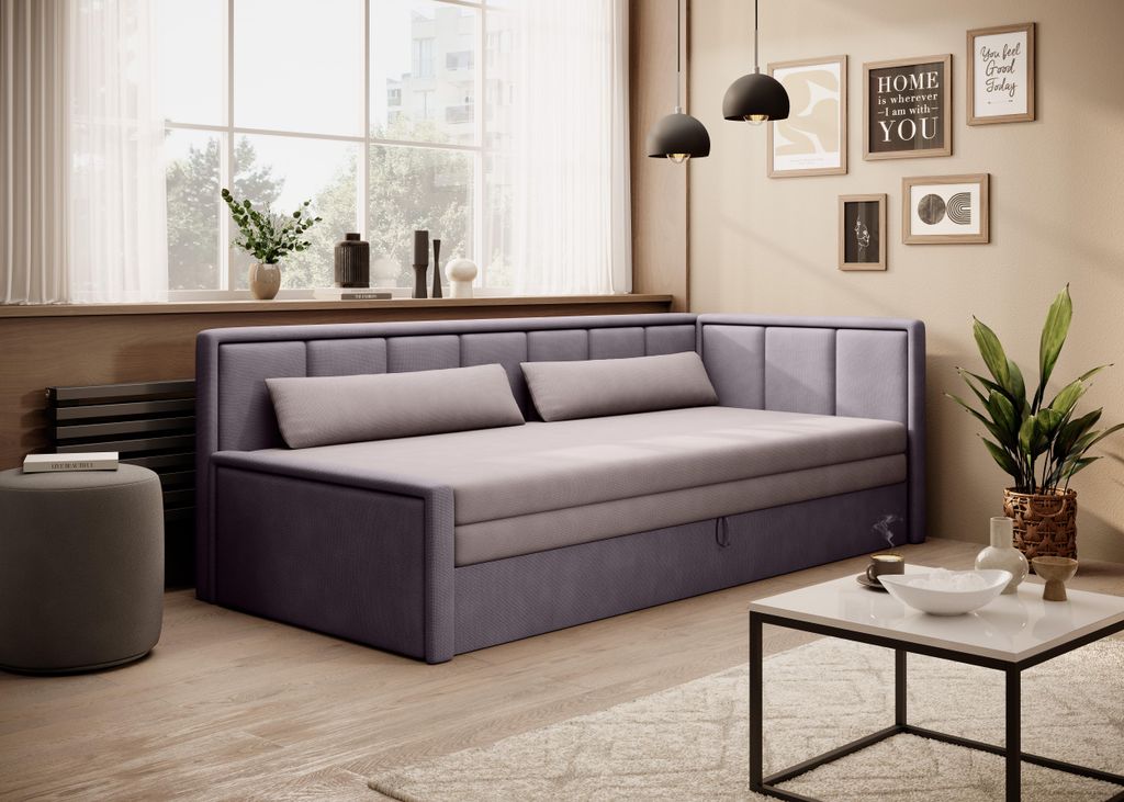 Krudox FULG 3-Sitzer Schlafsofa ausziehbar 214×77×82 cm mit Bettkasten, Stauraum und Kissen, Schlaffunktion 150×200 cm, Stoff POCO 101/41, rechts