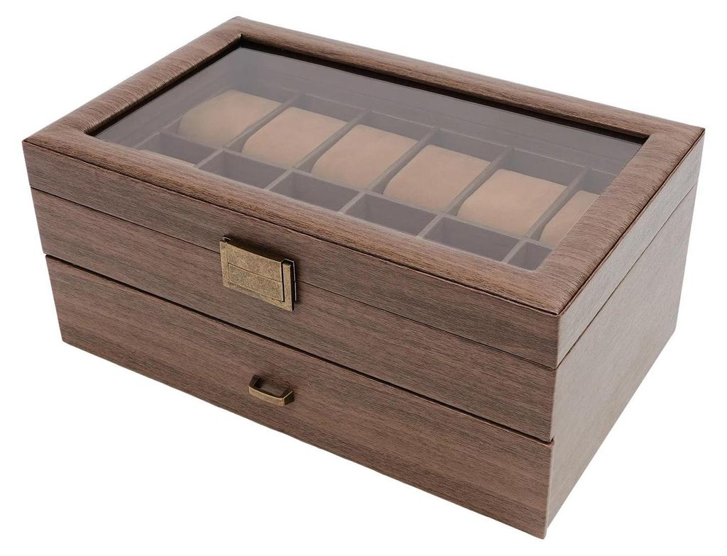 Uhrenbox - Aufbewahrungsbox für Uhren - 24 Fächer - Kunstleder & MDF - Glasdeckel - Kissengröße 5×3,5×7 cm - Braun