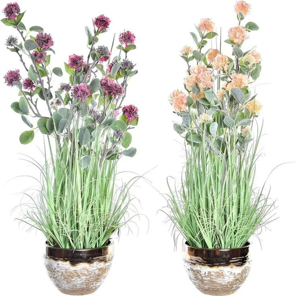 Vase avec Plante Artificielle Rose en Porcelaine et PVC 78 cm - Lot de 2