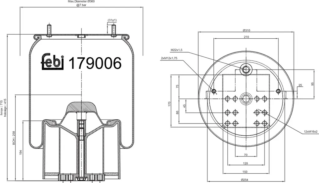 Ressort pneumatique de suspension 179006 FEBI BILSTEIN 715x310 mm