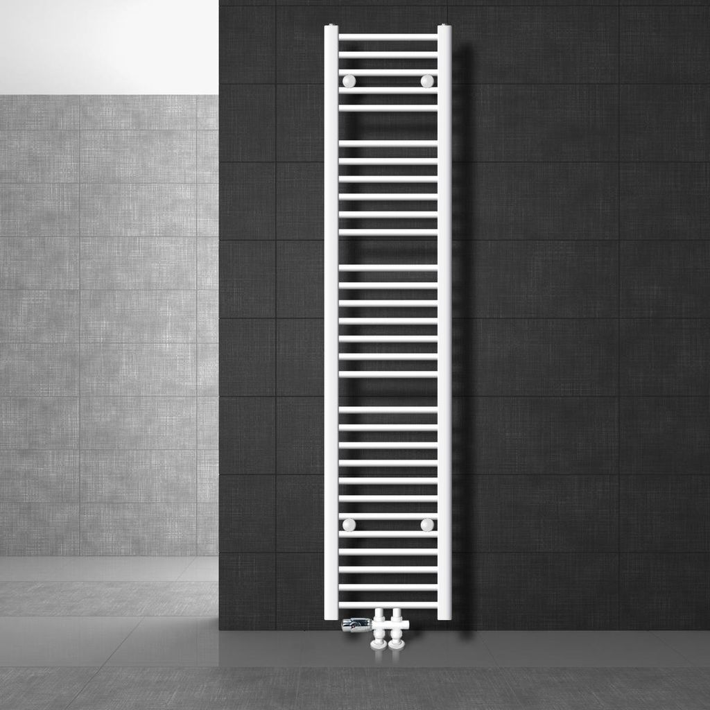 LuxeBath Badheizkörper Mittelanschluss 300 x 1800 mm Weiß gerade mit Thermostat und Anschlussgarnitur Durchgang Boden Weiß - Heizkörper, ohne H...
