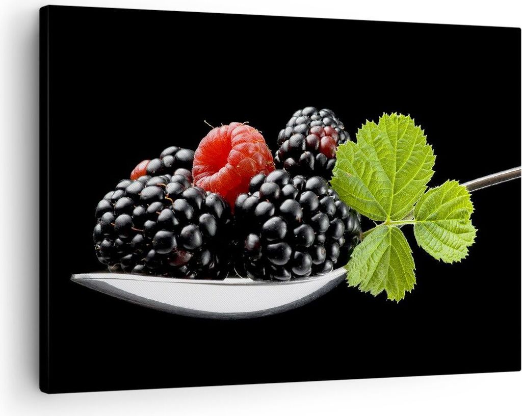 Bild auf Leinwand - Leinwandbild - Löffel Himbeere Brombeere Frucht - 70x50cm - Wand Bild - Wanddeko - Leinwanddruck - Bilder - Kunstdruck - Wandd...