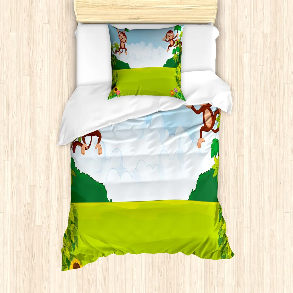 ABAKUHAUS Set copripiumino per lettini, scimmie su viti, antiacaro, adatto a chi soffre di allergie, con federa, 135 cm x 200 cm - 80 x 80 cm, azzurro, marrone, verde