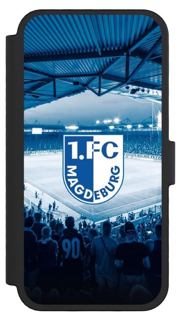 NIVOCASE Klapphülle für Apple iPhone 16 Pro Handyhülle aus Kunst Leder NIVOflip schwarz Stadion 1. FC Magdeburg 1. FCM