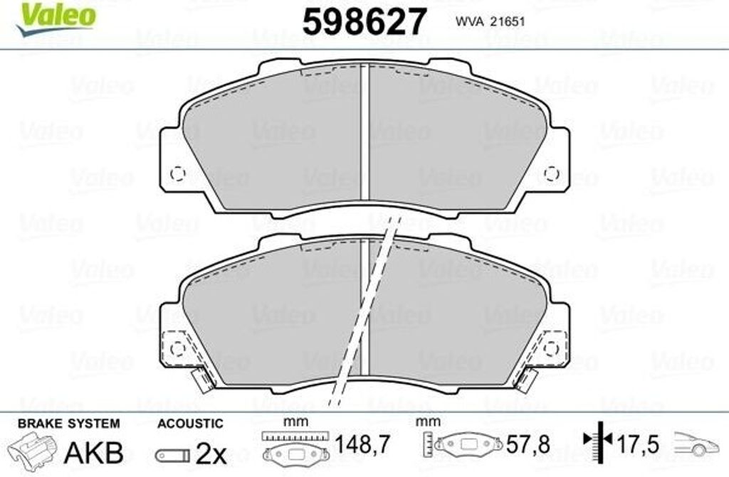 VALEO 598627 Bremsbelagsatz, Scheibenbremse OE 06430S5AE50 kompatibel mit Accord, Civic, CR-V, HR-V, Integra, Legend, NSX, Prelude, Shuttle