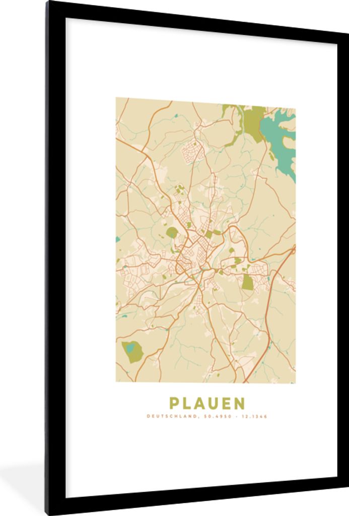 MuchoWow Gerahmtes Poster Plauen - Karte - Vintage - Stadtplan 60x90 cm - Poster mit Schwarzem Bilderrahmen Wandposter Rahmen Foto Bilder - Dekor...