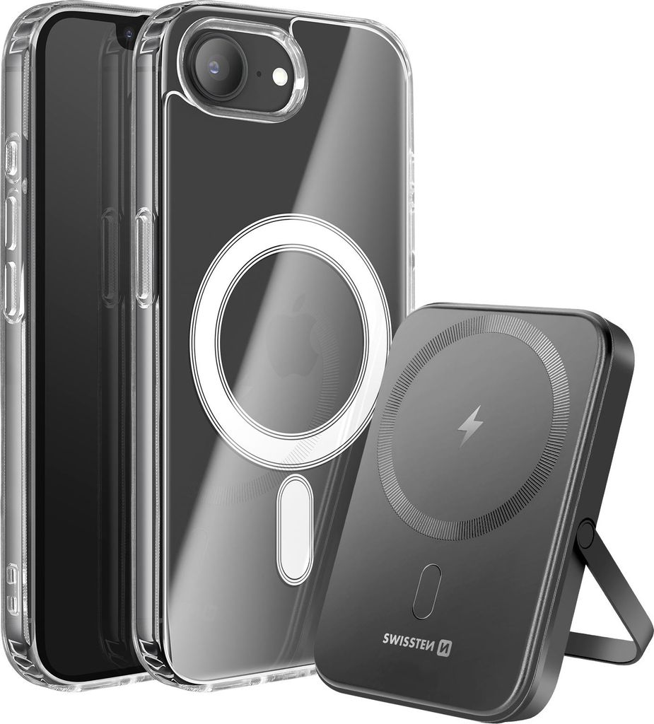 Swissten, MagSafe Pack iPhone16e Hülle Bimaterial + Powerbank 5000mAh, Transparent