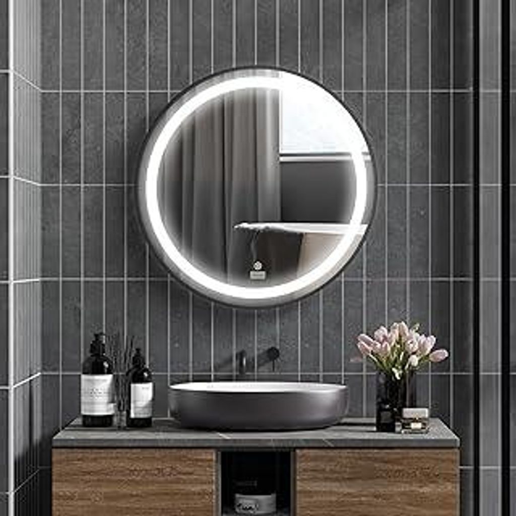 kleankin Badezimmerspiegel, Ø60cm LED Badspiegel mit 3 Lichtfarben, Wandspiegel mit Touch-Funktion, Memory-Funktion, IP44, Schwarz