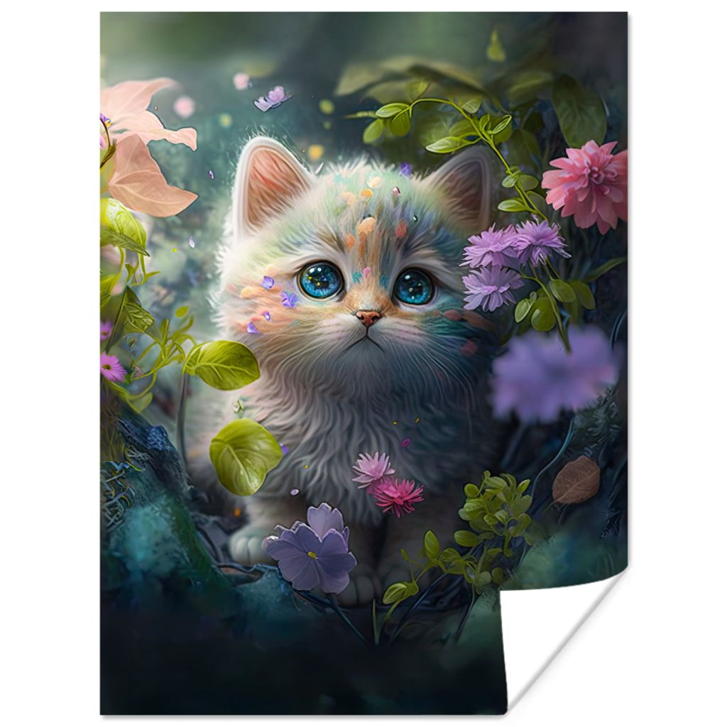 MuchoWow Poster Kätzchen - Blumen - Wald - Illustration - Katze 90x120 cm - Wohnzimmer