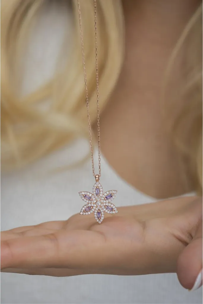 Collier fleur en argent 925 plaqué or rose décoré de zircons violets - 3