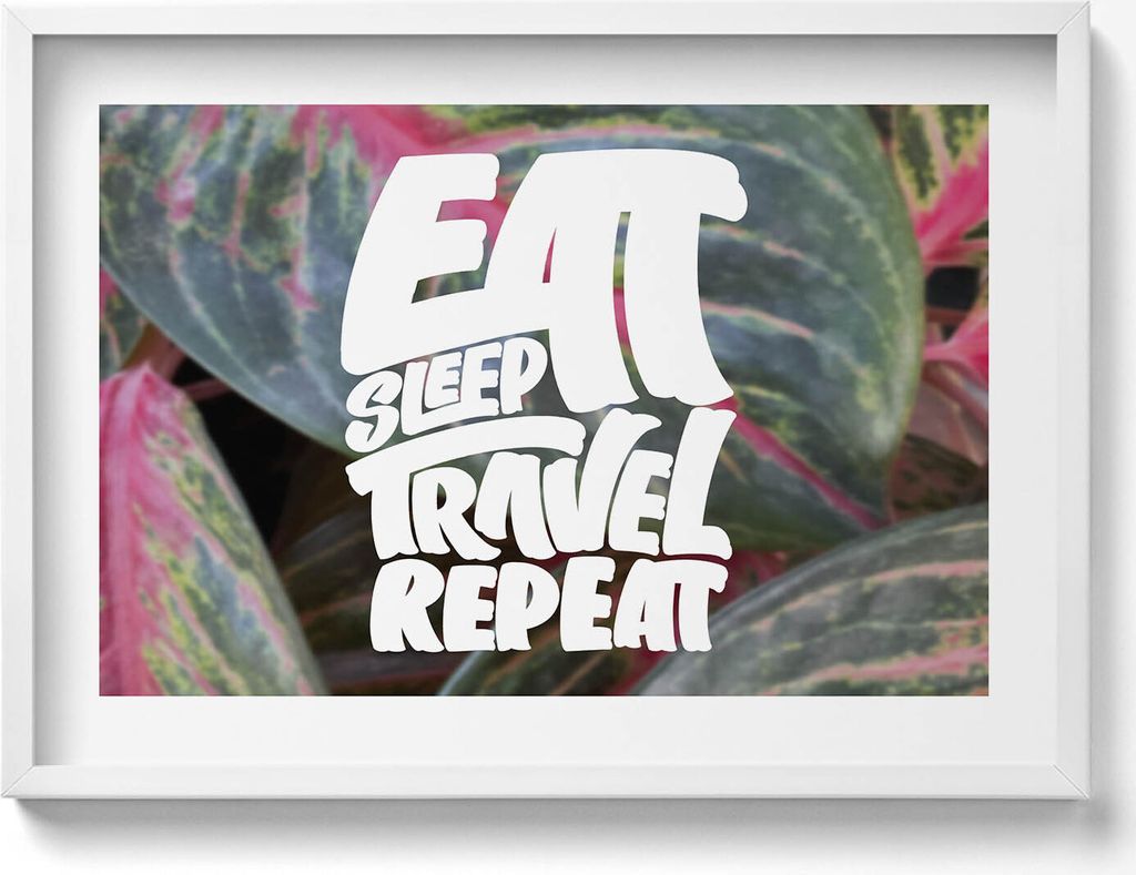 Inspirierendes „Eat sleep travel repeat“-Schild– Wandbild mit Rahmen – Gerahmtes Bild – Wanddekoration – 70x50 cm – Schwarz Rahmen