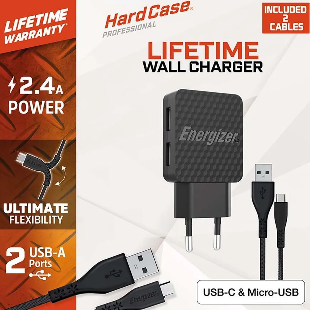 Chargeur Secteur Energizer HardCase Ultra Résistant + 2 Câbles Inclus - 15