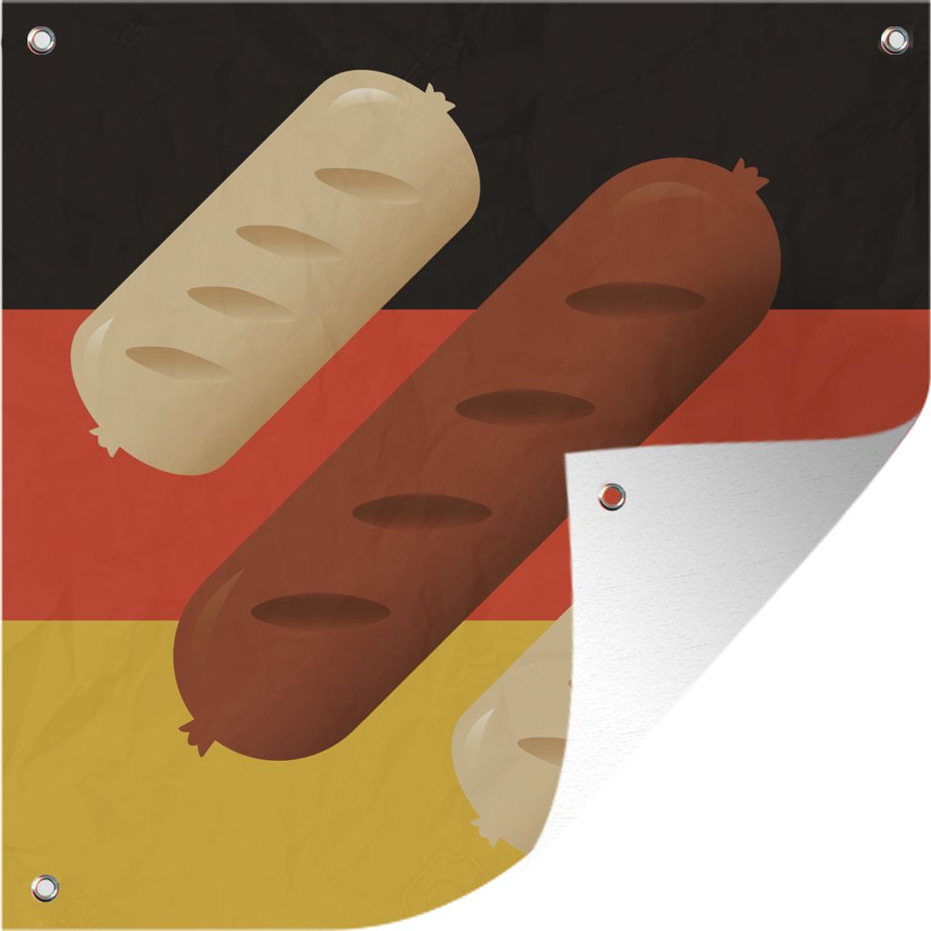 MuchoWow 50x50 cm Outdoor-Poster Gartendeko Sichtschutz Garten Poster für den Garten Illustration von drei Bratwürsten auf der deutschen Flagge