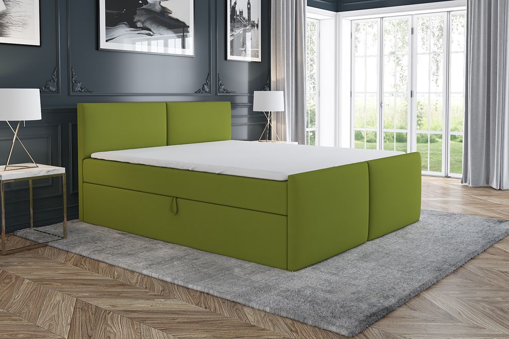 Boxspringbett BRAN 180 x 200 mit 2 Bettkästen, Bonell-Matratze und Topper. Farbe: Grün