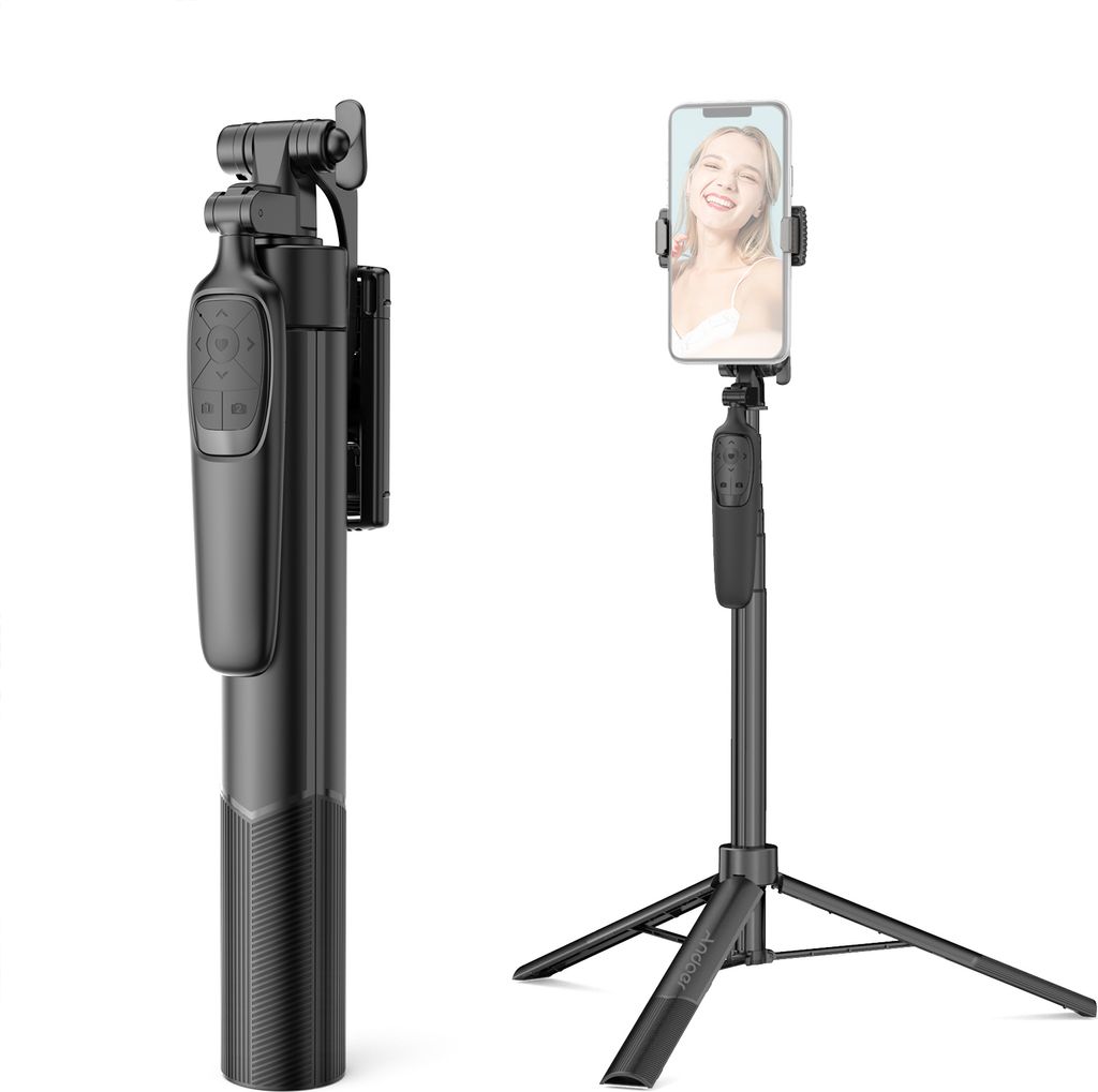 Andoer A65 Ausziehbarer Selfie-Stick-Stativstaender aus Aluminiumlegierung, max. 160 cm hoch mit Fernausloeser, Telefonstativ fuer Vlog Selfie Live...