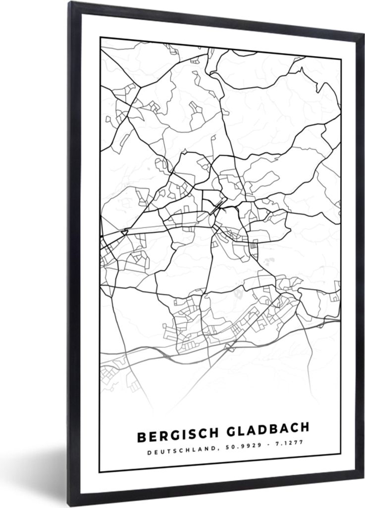 MuchoWow Gerahmtes Poster Karte - Bergisch Gladbach - Stadtplan - Wegbeschreibung 40x60 cm - Poster mit Schwarzem Bilderrahmen Wandposter Rahmen ...