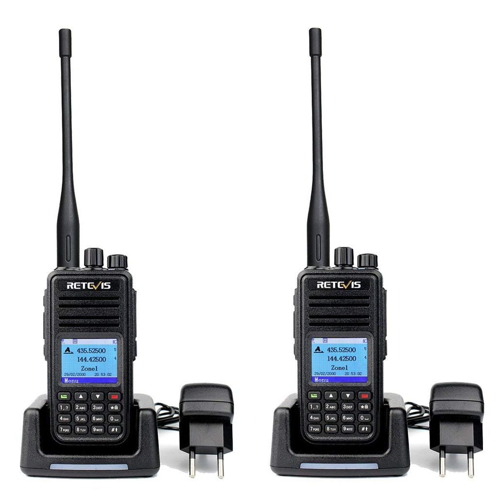 Two Retevis RT3S DMR radios are shown in their charging docks, with charging adapters connected.