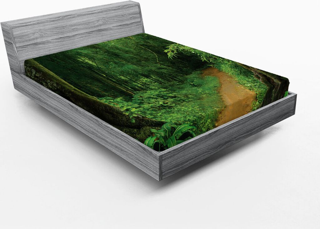 ABAKUHAUS Tropisch Spannbetttuch, Tropischer Dschungel Wald Trees Pathway Laub Wildnis Natur Landschaft Bild, 150 x 190 cm, Grün Braun