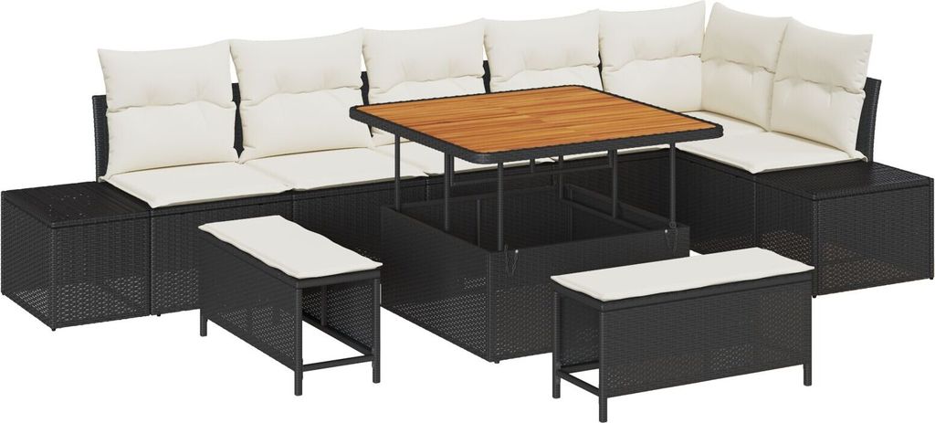 Möbel 9-teiliges Garten Sofa Set mit Kissen Schwarz Poly Rattan Akazie, 2-Sitzer Garten Sofa mit Kissen Schwarz Poly Rattan, 3-teiliges Garten Ess...