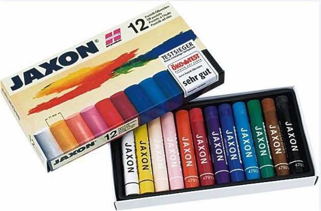 A box of Jaxon oil pastels is shown open, with the pastels arranged neatly inside.