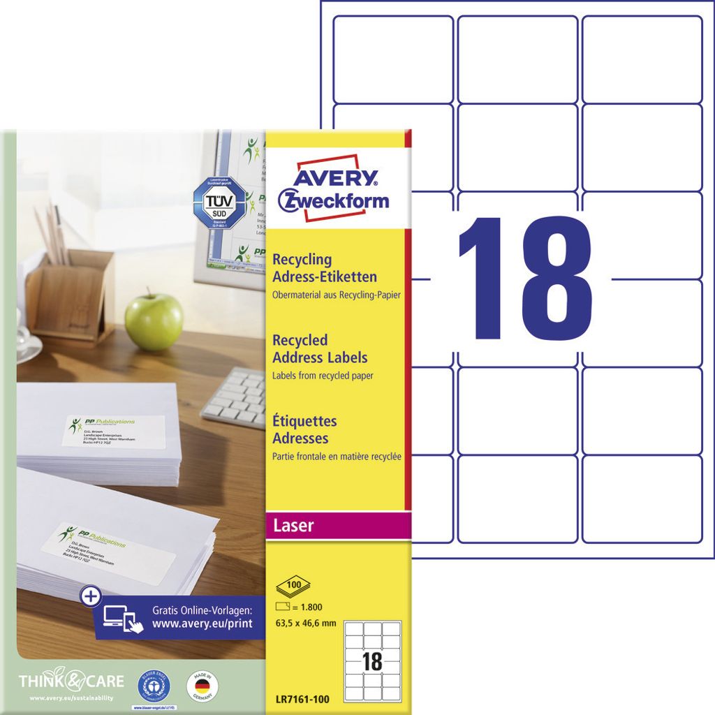 Avery Zweckform LR7161-100 Recycling Adress-Etiketten, A4, 63,5 x 46,6 mm, 100 Bogen/1.800 Etiketten, naturweiß