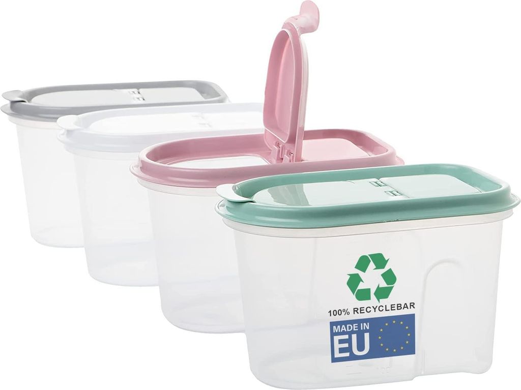 Four transparent storage containers with colored lids are lined up.