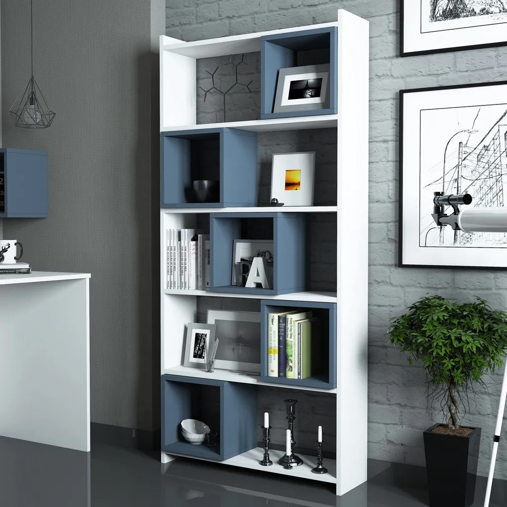 Étagère de Rangement Haute Blanche et Bleue pour Livres Skye Decor