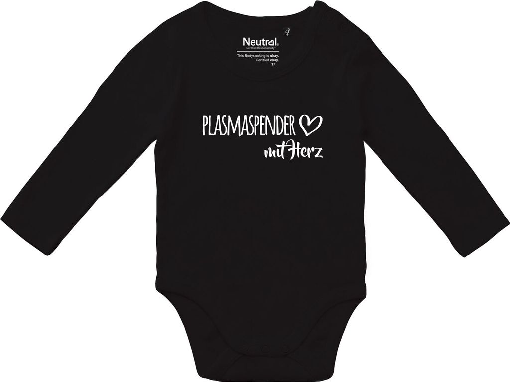 Huuraa Baby Body Plasmaspender mit Herz 80 Black Baumwolle Fairtrade Langarmbody Geschenkidee