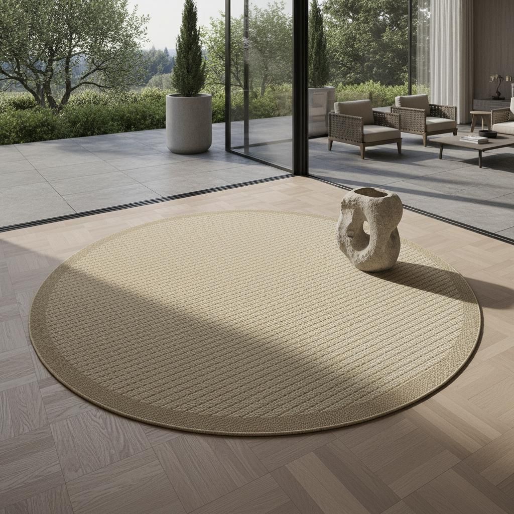 Outdoor Teppich Einfarbig Wetterfest Waschbar Strapazierfähig | Rund Beige 120x120 cm Balkon Terrasse | DAFNE – Kadima Design
