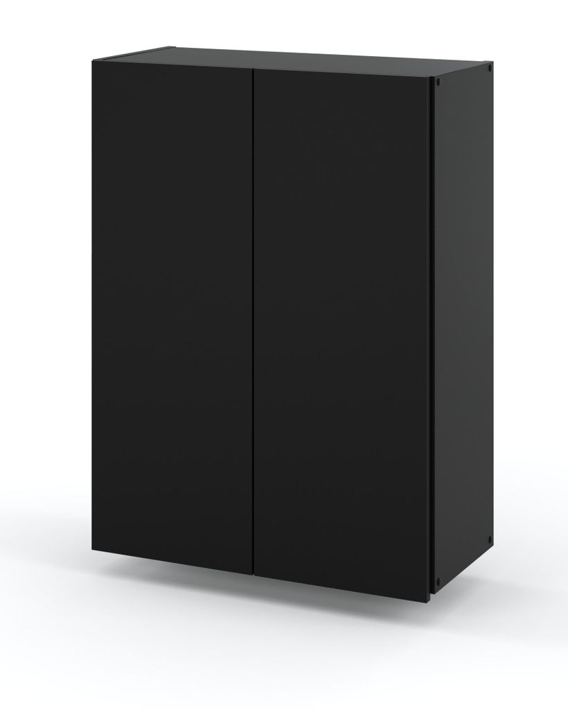 A black cabinet with two doors is shown against a white background.
