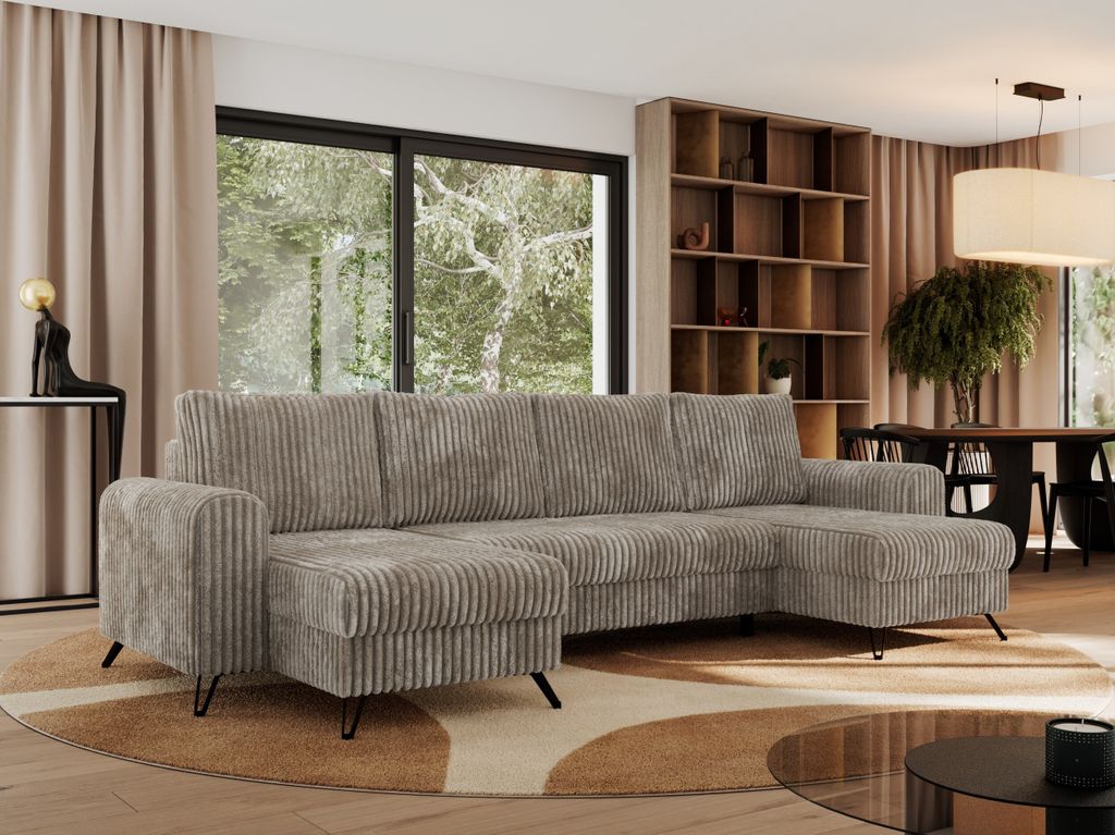 Ecksofa für das Wohnzimmer, AXEL U Ecksofa mit losen Kissen, drei Bettkästen, U-förmiges Ecksofa mit Armlehnen, Universalecke mit schwarze Metal...